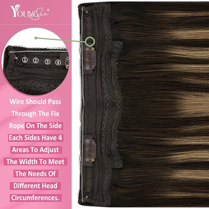 YoungSee Wire Hair Extensions Balayage Invisible Wire Hair Extensions Real Human Hair Chocolate Brown Mix Caramel Blonde Couture Hair Extension With Transparent Line 18In 80G