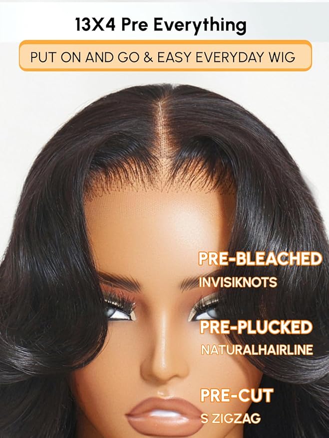 Julia Hair 13x4 Pre-Everything™ Loose Body Wave Human Hair Wig HD Lace Frontal Glueless Wig with Drawstring Face Framing Curtain Bangs Frontal 3D Body Wave Wig for Black Women Put On and Go 16 Inch