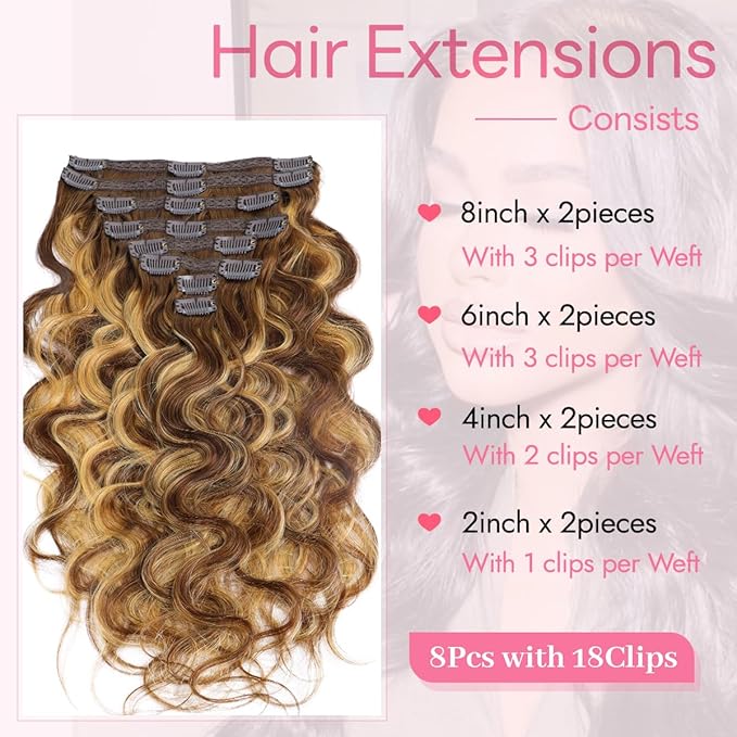 Clip in Hair Extensions Real Human Hair Body Wave #4/27 Chocolate Brown to Honey Blonde 100% Brazilian Remy Human Hair Extensions 8pcs Per Set with 18 Clips Double Weft 16 Inch 70g/3.6oz