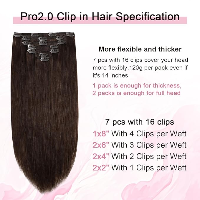 Pro2.0 Clip in Hair Extensions Real Human Hair 120g Thick 7pcs Color #4 Chocolate Brown Remy Real Human Hair Extensions Clip ins 14inch Seamless Double Weft for Women（#4-14inch）