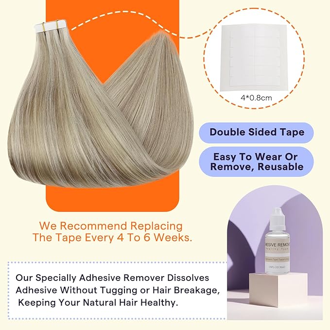 Full Shine Human Hair Tape in Extensions 22Inch Double Sided Tape in Extensions Human Hair Color 18 Ash Blonde Highlight 613 Light Blonde 50G Hair Extensions Tape Ins Real Hair Extensions 20Pcs
