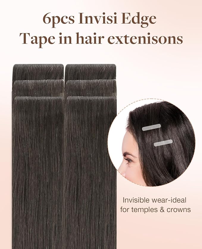 GOO GOO Invisi Edge Tape in Hair Extensions Human Hair, 1C Mocha Brown, 6pcs 16inch 15g, Virgin Remy Hair, Seamless Injected Tape, Natural Look