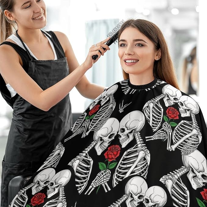 Extra Long Professional Salon Cape, Rose Flower Skull Love Skeleton Apron Haircuting Salon Cape Gown for Hair Cutting Styling