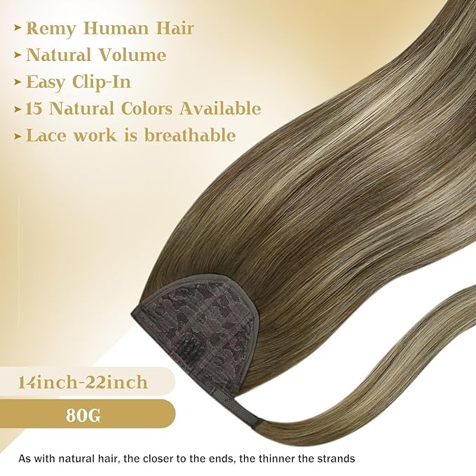 Ve Sunny Hair Extensions Ponytail Real Human Hair Wrap Around Clip in Ponytail Hair Extensions Straight Extensions Human Hair for Women Walnut Brown Ombre Light Brown Balayage Blonde 16inch 80G