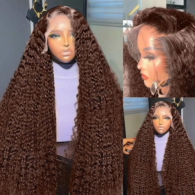 250 Density 32 Inch Deep Wave 360 Lace Front Wigs Human Hair Full Chocolate Brown Lace Front Wig Pre Plucked with Bady Hair Curly Wig 360 Glueless Lace Frontal Wigs for Women