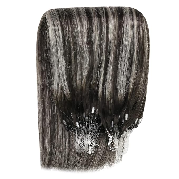 YoungSee Micro Bead Hair Extensions Real Human Hair Ombre Microlink Hair Extensions Human Hair Balayage Black with Silver Micro Loop Hair Extension 14 Inch 50g 50s Microbead Extension for Short Hair