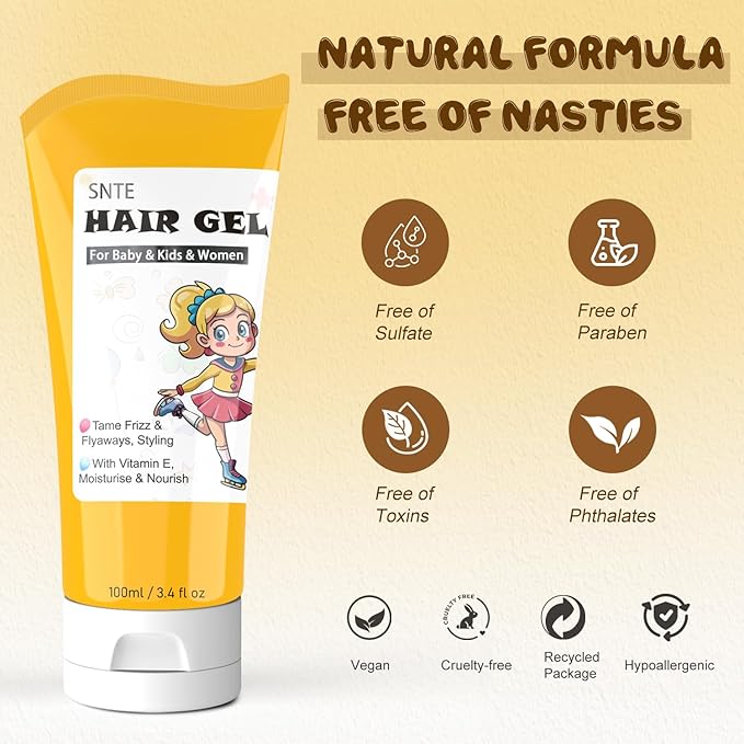 Samnyte Hair Gel for Kids, Baby Hair Gel Fly Away Hair Tamer, Styling Gel - Vitamin E Moisturize and Nourish, Flexible Hold Designed for Boys & Girls 3.4 Fl Oz