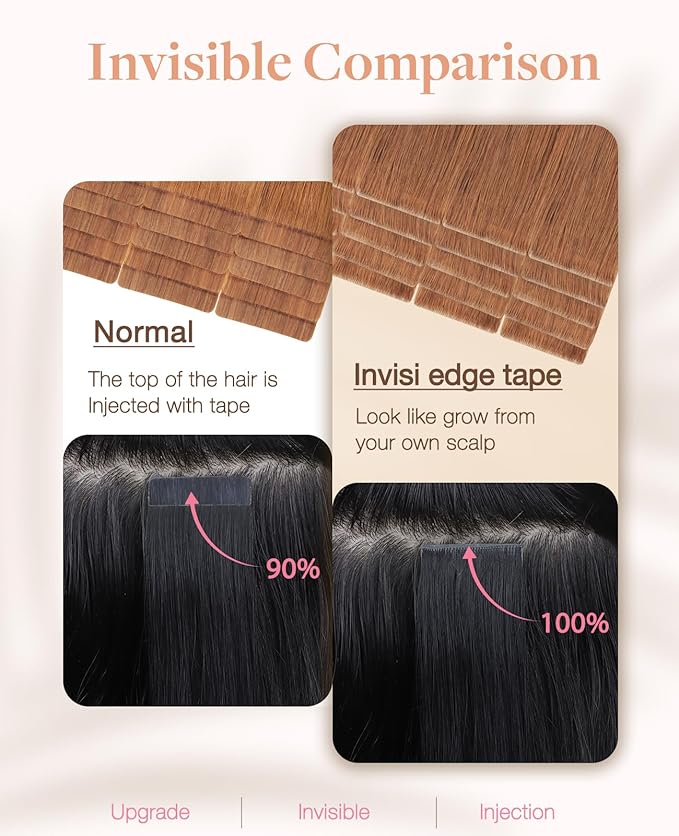 GOO GOO Invisi Edge Tape in Hair Extensions Human Hair, 330 Cinnamon Terra Copper 10pcs injected with 10pcs classical tape ins, 22inch 50g, Virgin Remy Hair, Natural Look