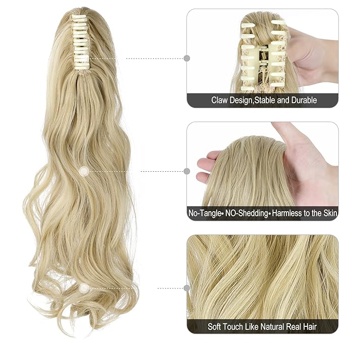 Claw Clip Ponytail Extension 18" Clip in Wavy Ponytail Hair Extensions Long Pony Tails for Women Extensions Light Blonde Mix Bleach Blonde Wave Hairpiece