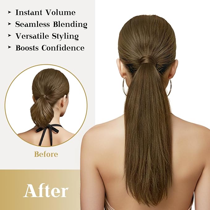 Ve Sunny Hair Extensions Ponytail Real Human Hair Wrap Around Clip in Ponytail Hair Extensions Straight Extensions Human Hair for Women Light Ash Brown 22inch 80G