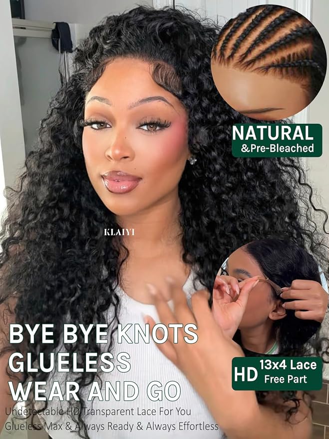 KLAIYI Water Wave Pre Everything Glueless 13x4 Lace Front Wigs Human Hair Precut Lace Pre Plucked Pre Bleached Bye Bye Knots Curly Wear and Go Beginners Wig with Drawstring 30S Ready to Wear 26Inch