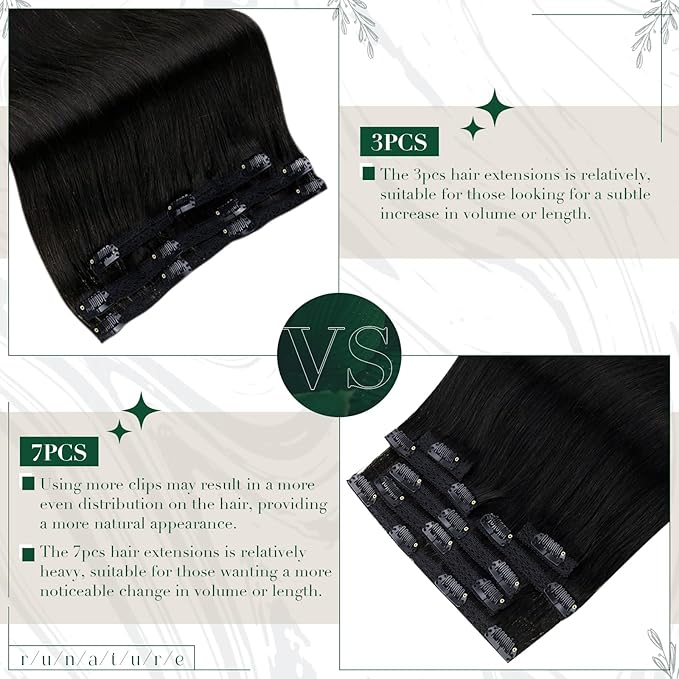 RUNATURE Clip in Hair Extensions Real Human Hair Black, Natural Hair Clip in Extensions for Women, Double Weft Black Hair Extensions 16 Inch 50g 3pcs #1B