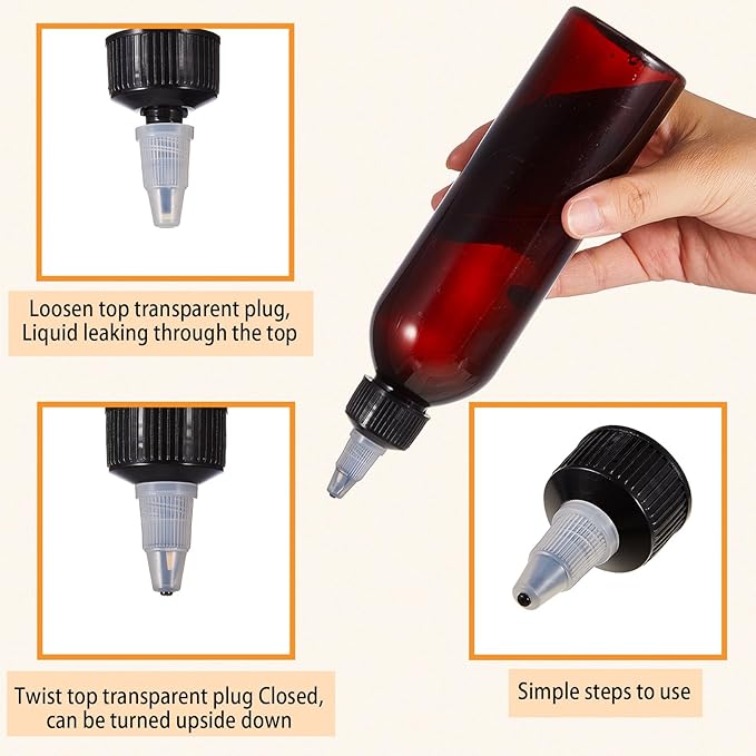 Barydat 12 Pcs Applicator Bottles for Hair, Squeeze Hair Oil Applicator Bottle Refillable Empty Plastic Bottles, Twist on Top Cap with Open Close Nozzle and 2 Funnels(8 oz,Amber)