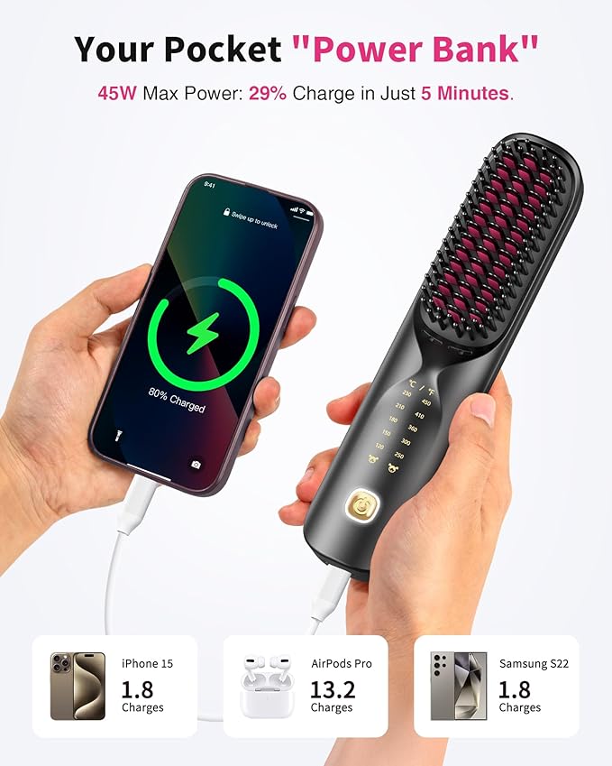 Cordless Hair Straightener Brush - Portable Hair Straightening Brush for Travel - 300M Negative Ions for Frizz-Free Shine, Touch Up On-The-Go, Fast Heating, Gift for Women, 10,000mAh, Charcoal Black
