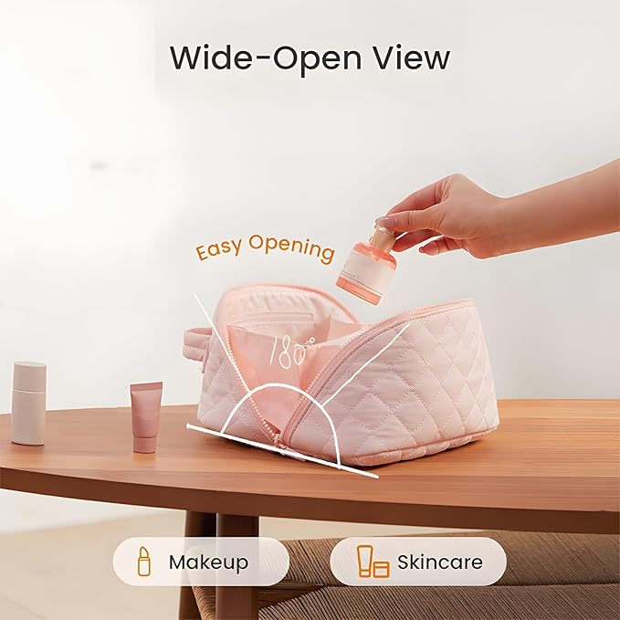 Amposei Makeup Bag Travel Toiletry Bag,Travel Makeup Bag for Women, Puffer Waterproof Cosmetic Organizer, Large Capacity Pouch Open Flat Small Toiletry Bag with Brush Compartment & Handle (Pink)