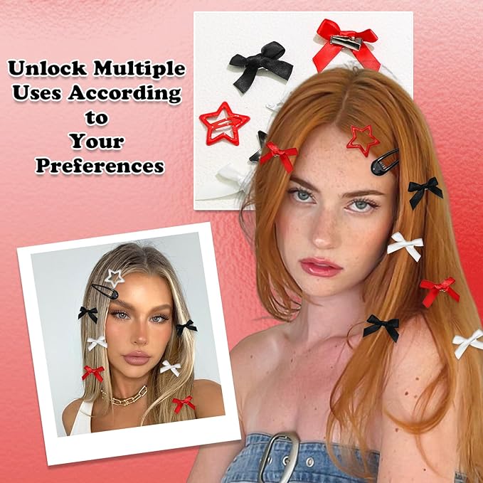 36Pcs Red Mini Hair Bows Y2K Star Hair Barrettes Metal Snap Hair Clips Water Drop No Slip Hair Clips for Women Bowknot Star Hair Accessories for Girls