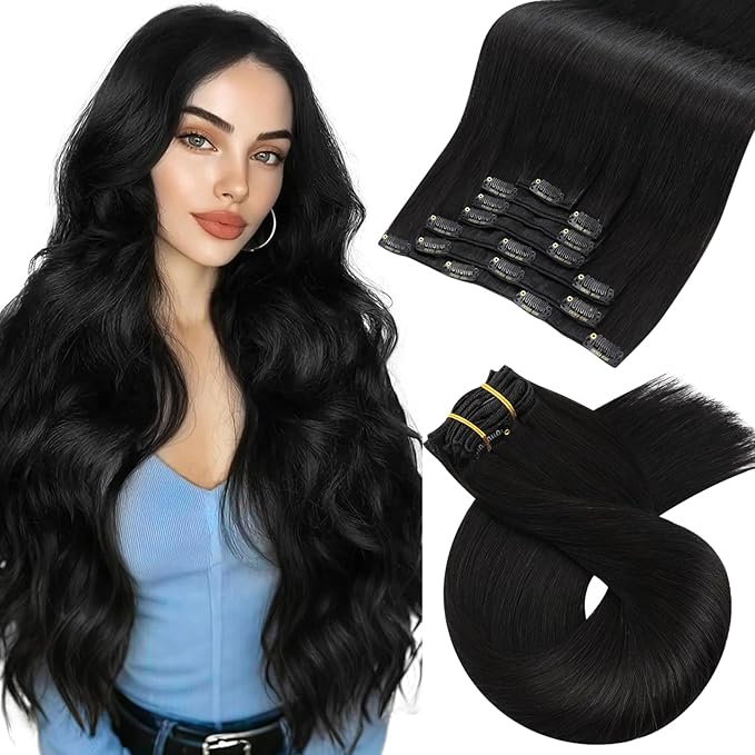 Moresoo Clip in Hair Extensions Black Natural Human Hair Clip in Extensions Double Weft Clip on Hair Extensions Off Black #1B 7pcs/120g 16 Inch