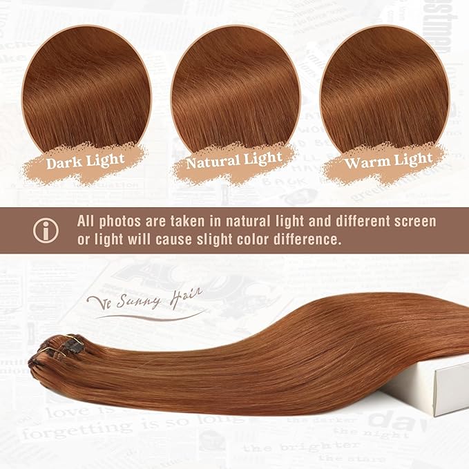 Ve Sunny Clip in Hair Extensions Real Human Hair Ginger Copper Clip in Extensions for Women Natural Human Hair Extensions Straight 7pcs 16 inch 120g