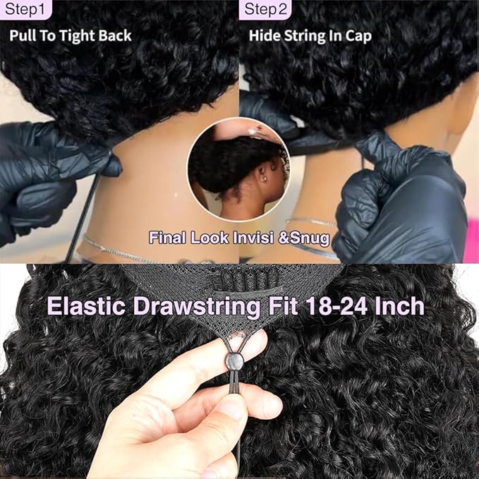 7x6 Burmese Curly Glueless Wigs Human Hair Pre Plucked Pre Cut 250% Density Drawstring Wig Human Hair 7x6 HD Lace Front Wigs Human Hair for Black Women Wear and Go Glueless Wig Natural Color 18inch