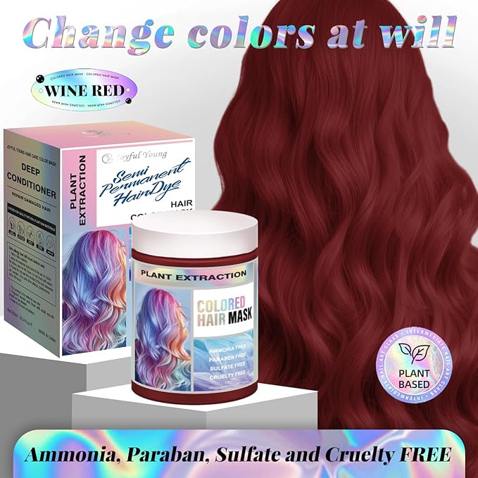Vegan Semi Permanent Hair Color Mask - 10.15OZ Color Depositing Conditioner for Color-Treated Hair - Ammonia, Paraben, Sulfate & Cruelty-Free - Plant-Based Enhances Tones Hair (WINE RED)