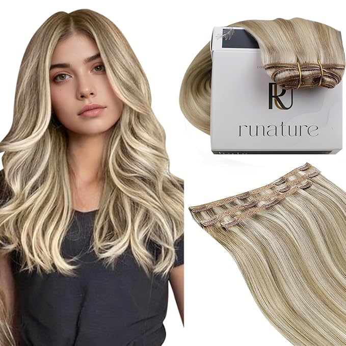 RUNATURE Blonde Clip in Hair Extensions, Real Human Hair Clip in Extensions, Short Hair Extensions Clip Ins 12 Inch, Remy Natural Hair, Add Volume, 50g 3pcs #8P60 Light Brown Highlight