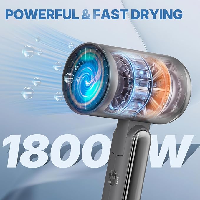 Hair Dryer 1800W Ionic Fast-Drying with Diffuser & Concentrator Nozzle for Curly Hair, Mini Blow Dryer with Compact Design, Foldable, Lightweight, Portable for Home & Travel