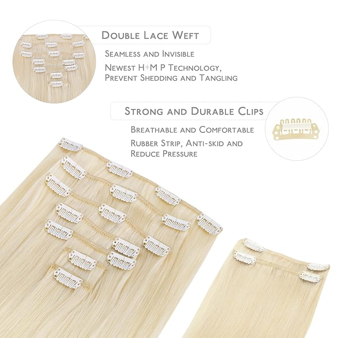 WENNALIFE Clip in Hair Extensions Real Human Hair, 24 Inch 150g 9pcs Human Hair Extensions Clip In Human Hair, Platinum Blonde Hair Extensions Clip In Real Hair Coloured Remy Human Hair Extensions