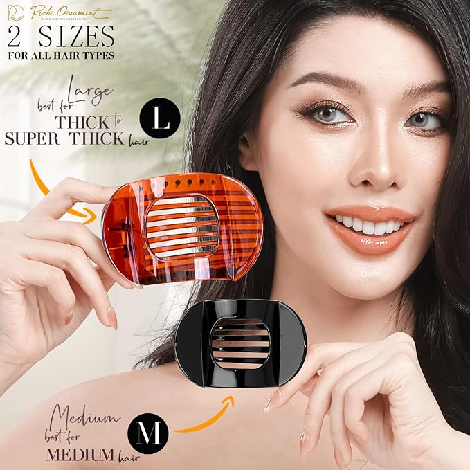 RC ROCHE 6 Pcs Flat Claw Hair Clips for Women Thick Hair French Round Duckbill Square Secure Strong Hold Grip Clamps Barrettes Curved No Slip No Crease Styling Cute, Medium Black, Brown & Transparent