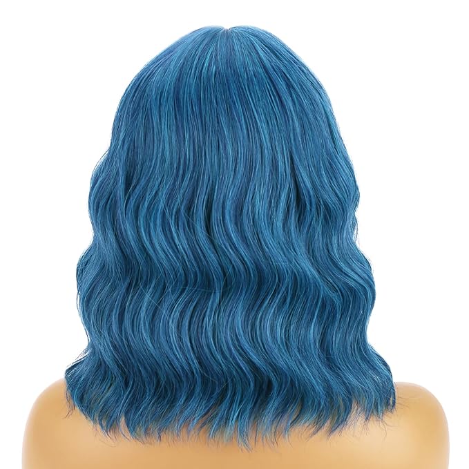 BERON Blue Wig Short Curly Wig for Women Mix Blue Wigs with Bangs Synthetic Dark Blue Wigs with Hairnet Include