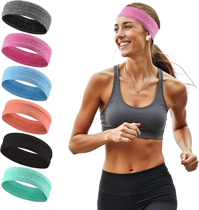 Athletic Headbands for Women, Moisture Wicking Sweatbands, Non-Slip Elastic Sports Hair Bands for Running, Workout, Yoga, Basketball, Tennis, Exercise