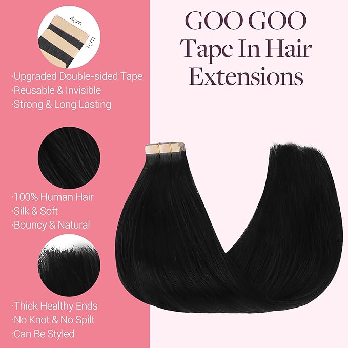GOO GOO Tape in Hair Extensions Human Hair, 1 Jet black, 22inch 50g 20pcs, Skin Weft Seamless Invisible, Silky Straight with Thick Ends, Remy Human Hair