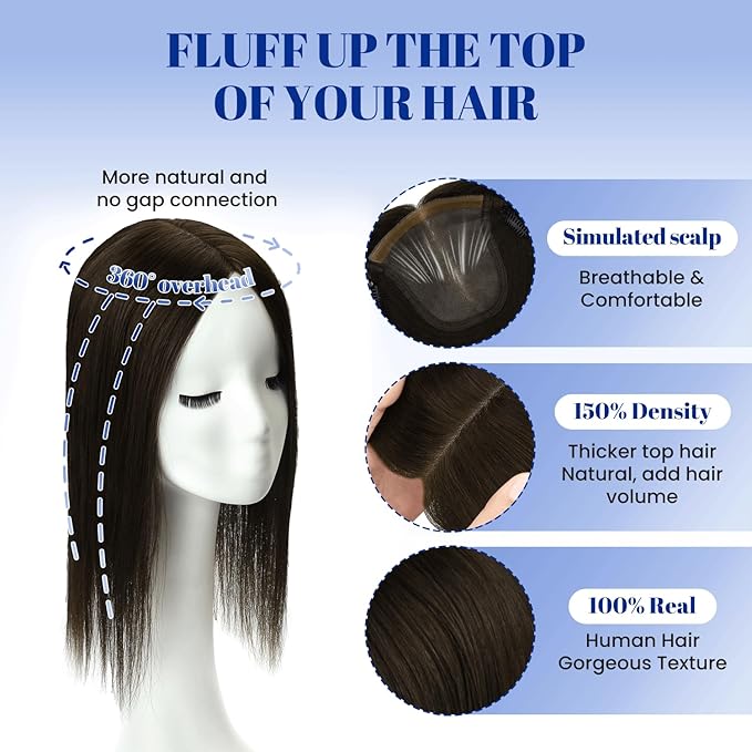 WORLDSTAR Human Hair Topper Real Hair Toppers for Women Add Volume 360°3D Coverage Hairpieces Hand-stitched,6 * 7 Inch Base 14Inch #2 Dark Brown,65g with Thinning Hair Upgrade Lace Base (tp#2-14)