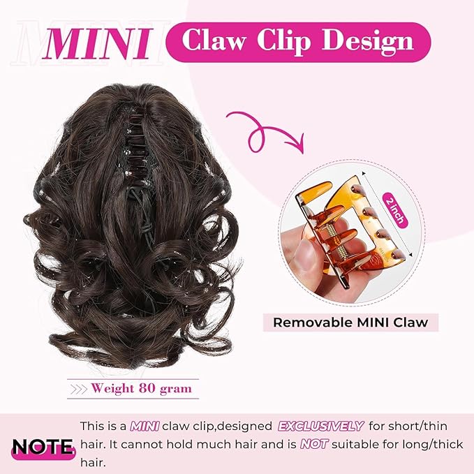 REECHO Ponytail Extension, 9" Claw Clip in Short Curly Wavy Pony Hair Extension Jaw Clip on Pony Tail HP001 Hairpiece for Women - Chestnut Brown with Golden Highlights
