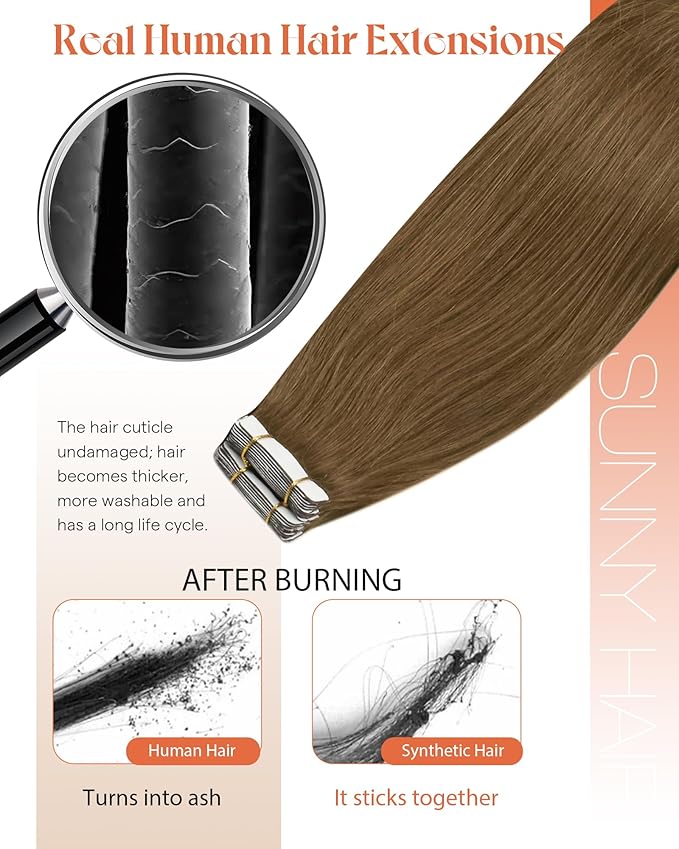 Sunny Hair Tape in Hair Extensions Real Human Hair Invisible Remy Hair Extensions Tape ins for Women Light Brown 18 inch 20Pcs