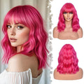 Bob Wig With Bangs Wave Wigs for Women 14 Inch Short Loose Wavy Heat Resistant Synthetic Wig Shoulder Length Hair for Daily and Cospaly Party Use (Rose mixed Purple)