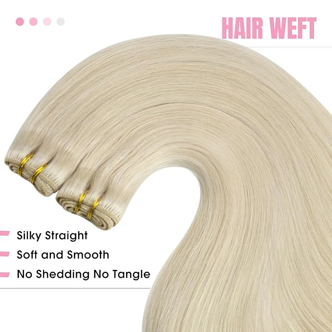 YoungSee Sew in Hair Extensions Real Human Hair Blonde Hair Extensions Weft Platinum Blonde Soft and Smooth Sew in Bundles Human Hair 18Inch 100G