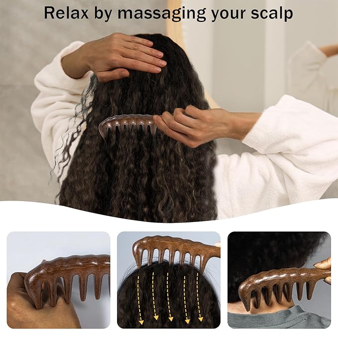Wooden Wide Tooth Comb, Large Thicken Natural Sandalwood Hair Combs for Curls, Women and Men, Detangles Long Thick Wet or Dry Hair, Head Scalp Massager, Anti-static (Golden Sandalwood)