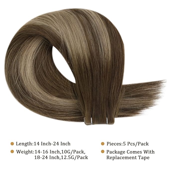 Full Shine Injection Tape in Hair Extensions 5Pcs 20 Inch Seamless Skin Weft Tape in Extensions Color 4 Brown Fading to 27 Blonde And 4 Brown Virgin Hair Extensions Real Remy Human Hair 12.5 Gram