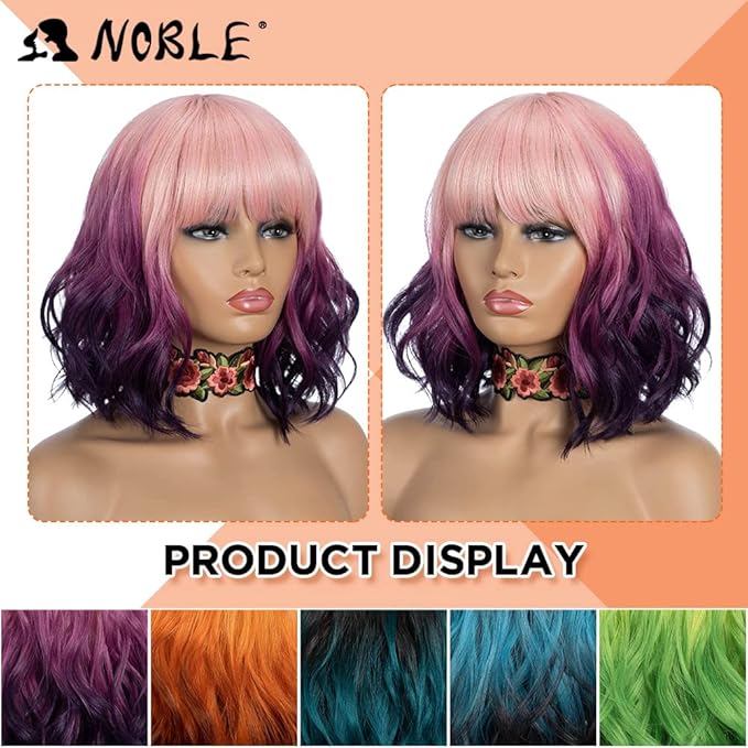 NOBLE Colourful Short Bob Wigs with Bangs for Women 3 Tone Ombre Pink root to Purple Color Short Wavy Bob Hair Wig Shoulder Length Synthetic Heat Resistant Bob Wigs