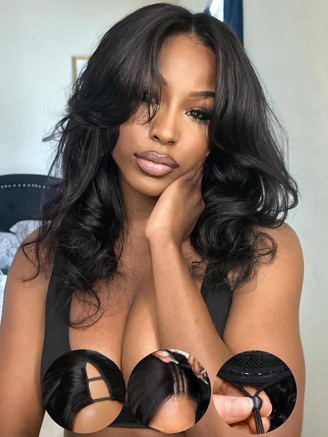 KLAIYI EasiContour V Part Wig Human Hair Body Wave Glueless Upgrade U Part Wig No Leave Out No Gel Clip in Half Wig V Shape Pull and Go Beginner Friendly Ready to Wear Natural Black Color 150% 14Inch