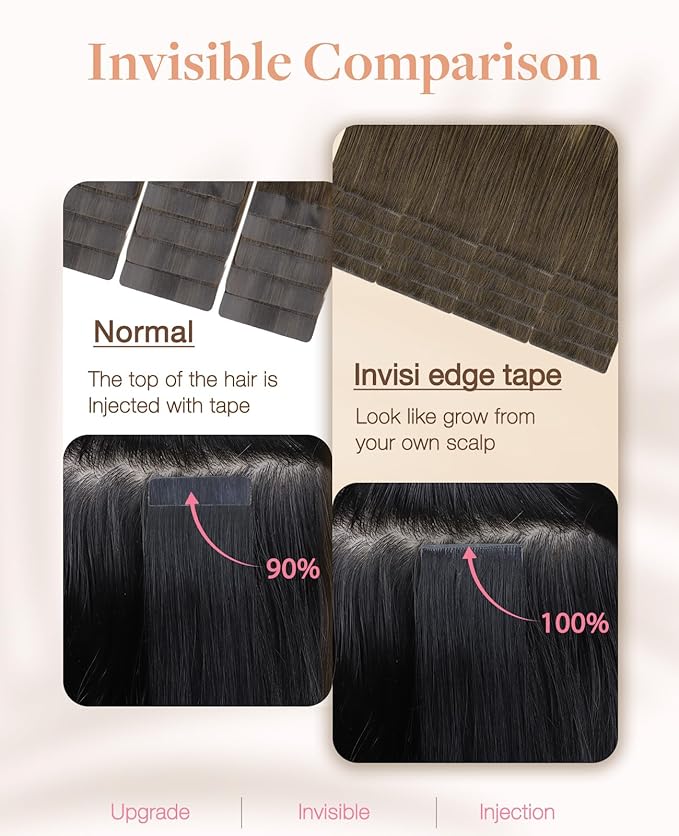 GOO GOO Invisi Edge Tape in Hair Extensions Human Hair, 4/26/4 Balayage Chocolate Brown to Honey Blonde 10pcs injected with 10pcs classical tape ins, 24inch 50g, Virgin Remy Hair, Natural Look