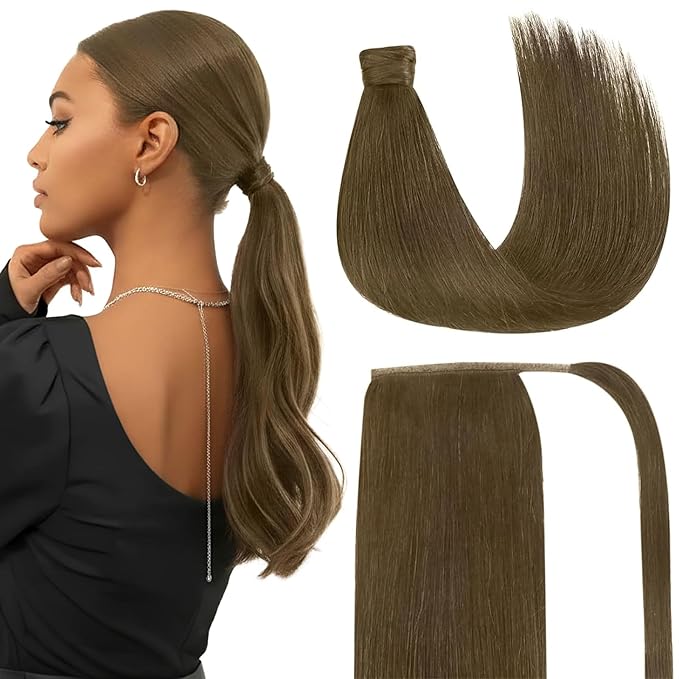 Ve Sunny Hair Extensions Ponytail Real Human Hair Wrap Around Clip in Ponytail Hair Extensions Straight Extensions Human Hair for Women Light Ash Brown 18inch 80G
