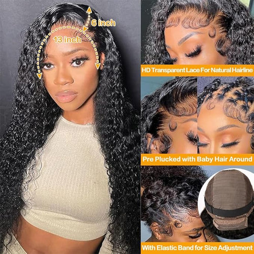 13x6 Deep Wave Lace Front Wigs - 200% Density HD Transparent Frontal Wigs - Glueless, Pre-Plucked with Baby Hair - Natural Black (30Inch)