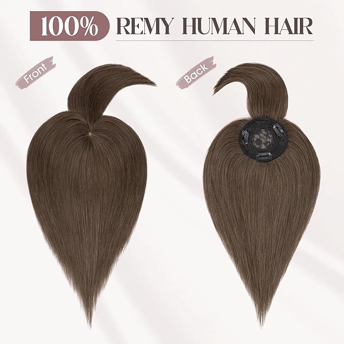 MY-LADY Human Hair Toppers for Women Real Human Hair with Bangs Thin 8.5 * 8.5CM Mono Base Clip in Remy Hairpieces Light Weight 14 Inch Dark Brown