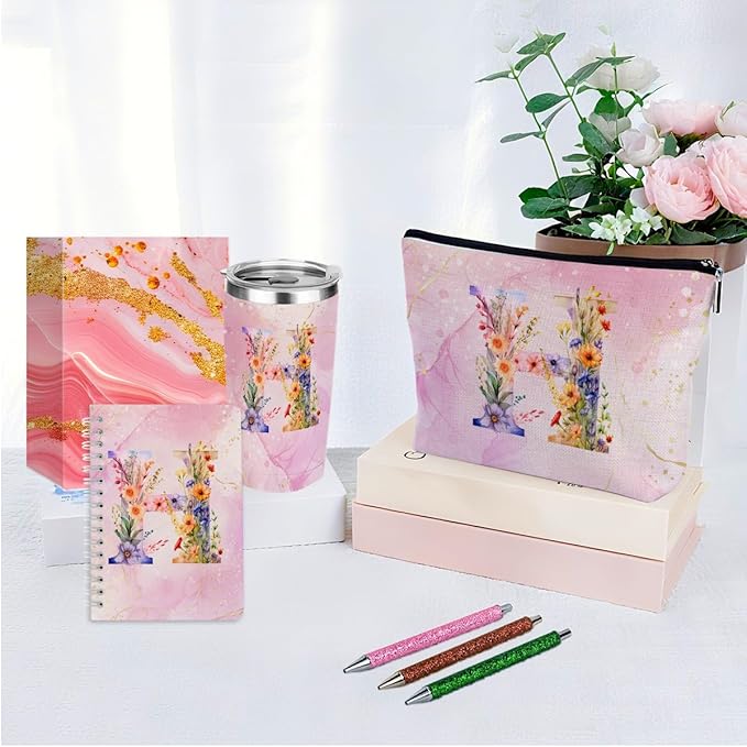 Personalized Gifts Monogrammed Birthday Gifts for Women, Bridesmaid Bachelorette Party Christmas Initial 20 oz Tumbler, Makeup Bag Cup Ballpoint Pens Journal Notebook 6 Set, (Aesthetic Pink Flower H)