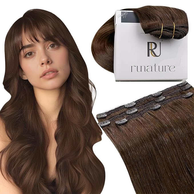 RUNATURE Real Hair Extensions Clip in Human Hair, Brown Clip in Hair Extensions for Women, Double Weft Straight Remy Extensions for Thin Hair 18 Inch 50g 3pcs #4 Medium Brown