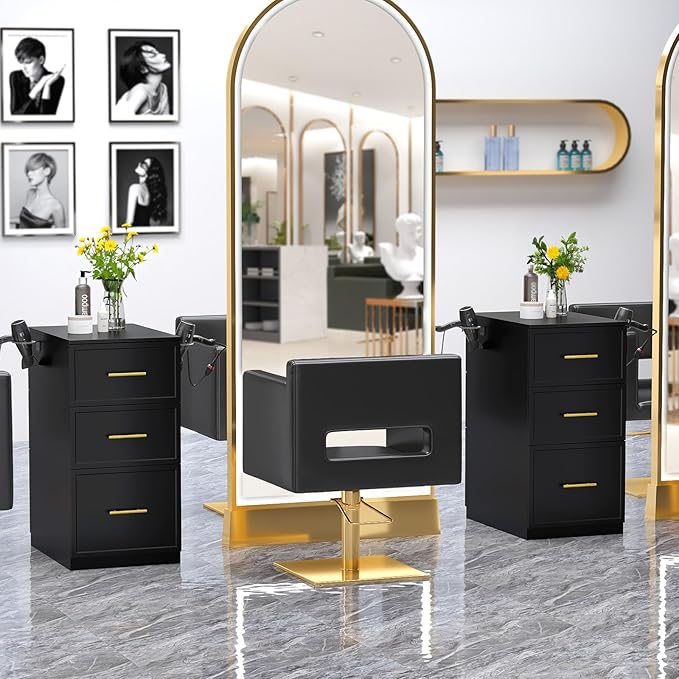 OmySalon Salon Stations for Hair Stylist, Double-Sided Barber Station with 6 Drawers & 2 Dryer Holders, Modern Hair Styling Cabinet for Beauty Salon Barbershop, Black