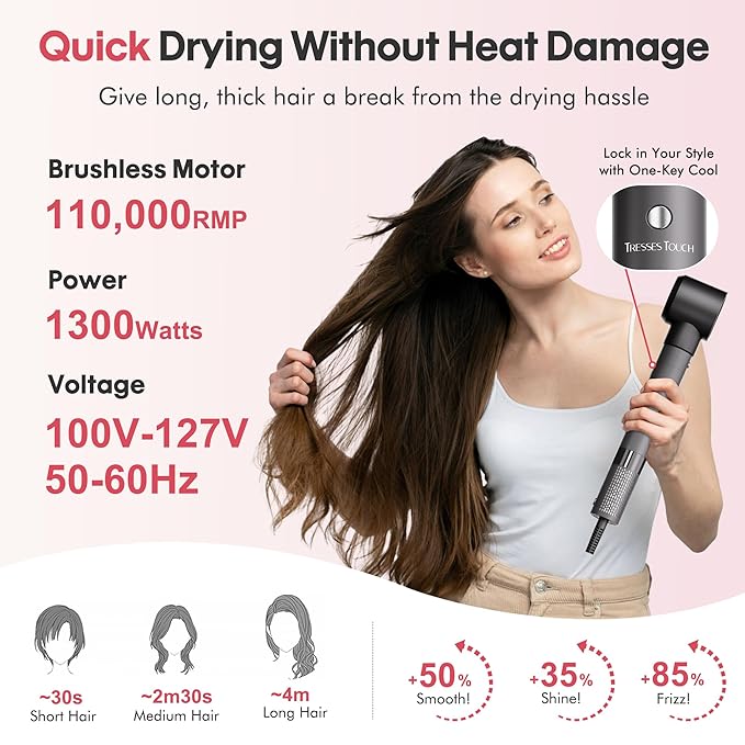 6 in 1 Blow Dryer Brush Set, Powerful Hair Dryer Brush with Auto-Winding Curl L/R, Fast Drying, Smooth Blowouts, Root-Lift Volume, No Heat Damage Frizz-Free Thermal Brush, Hot Air Styler for Travel