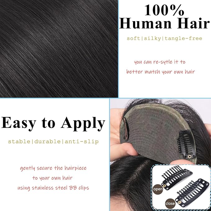 Short Human Hair Topper for Women with Hairloss,Invisible Clip in Straight Topper Hairpiece with Large Mesh 6.3x7 Ins and Silk Top Base Natural Fluffy Wiglet Hairpiece Natural Black