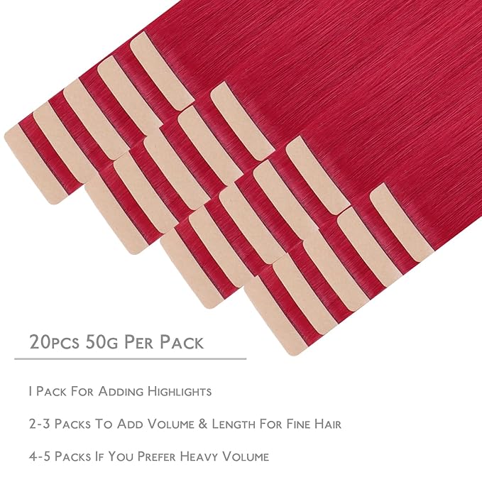 WENNALIFE Tape in Hair Extensions Human Hair, 20pcs 30g 10 inch Red Remy Hair Extensions Straight Human Hair Tape in Extensions Skin Weft Tape Extensions Human Hair